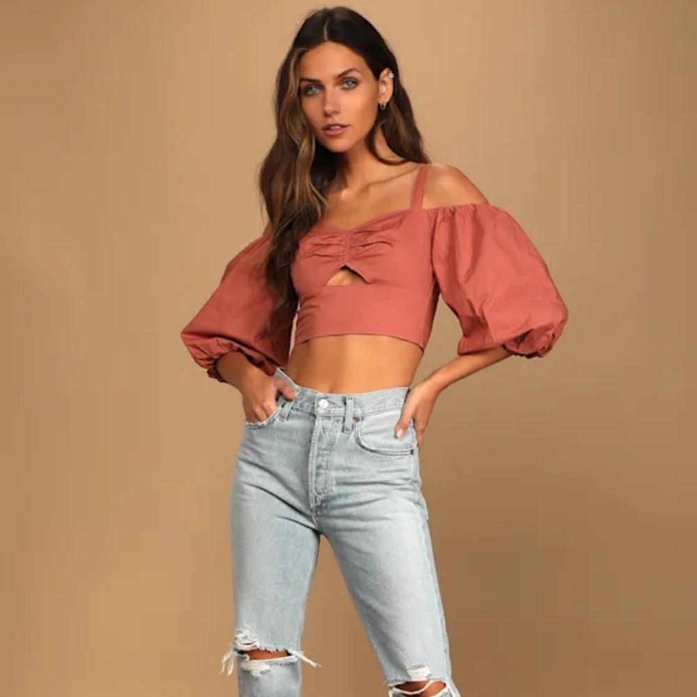 Lulus Tuscan Sunset Terra Cotta cold shoulder crop top.